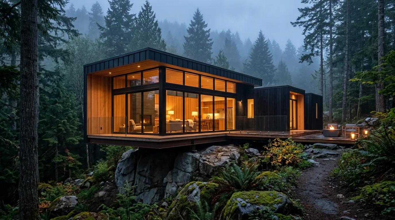 A timber and glass cabin lit from inside at dusk, set among tall firs on a rocky slope.