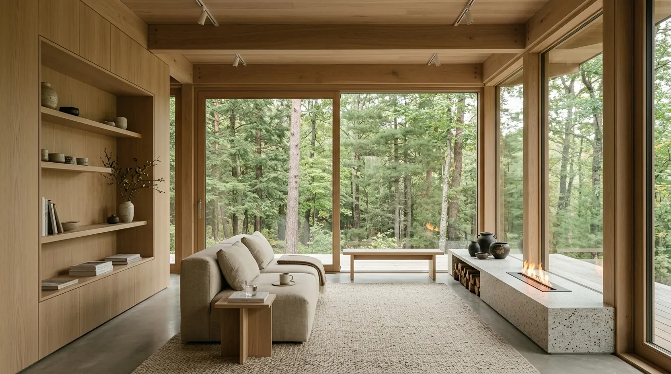 A warm timber interior with a low sofa, shelves of books, and floor-to-ceiling windows onto the forest.